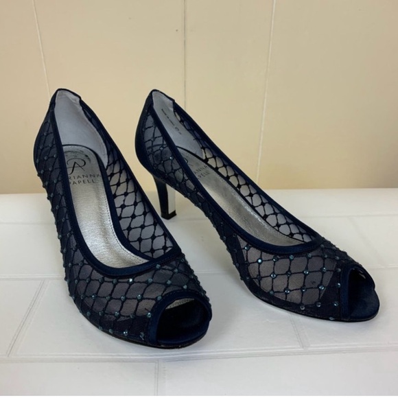 ADRIANNA PAPELL NAVY BLUE BEADED NET SHOE SIZE 6 - Picture 2 of 6